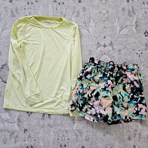 Boys lime green, black, pink swim trunks and rashguard set size 8.